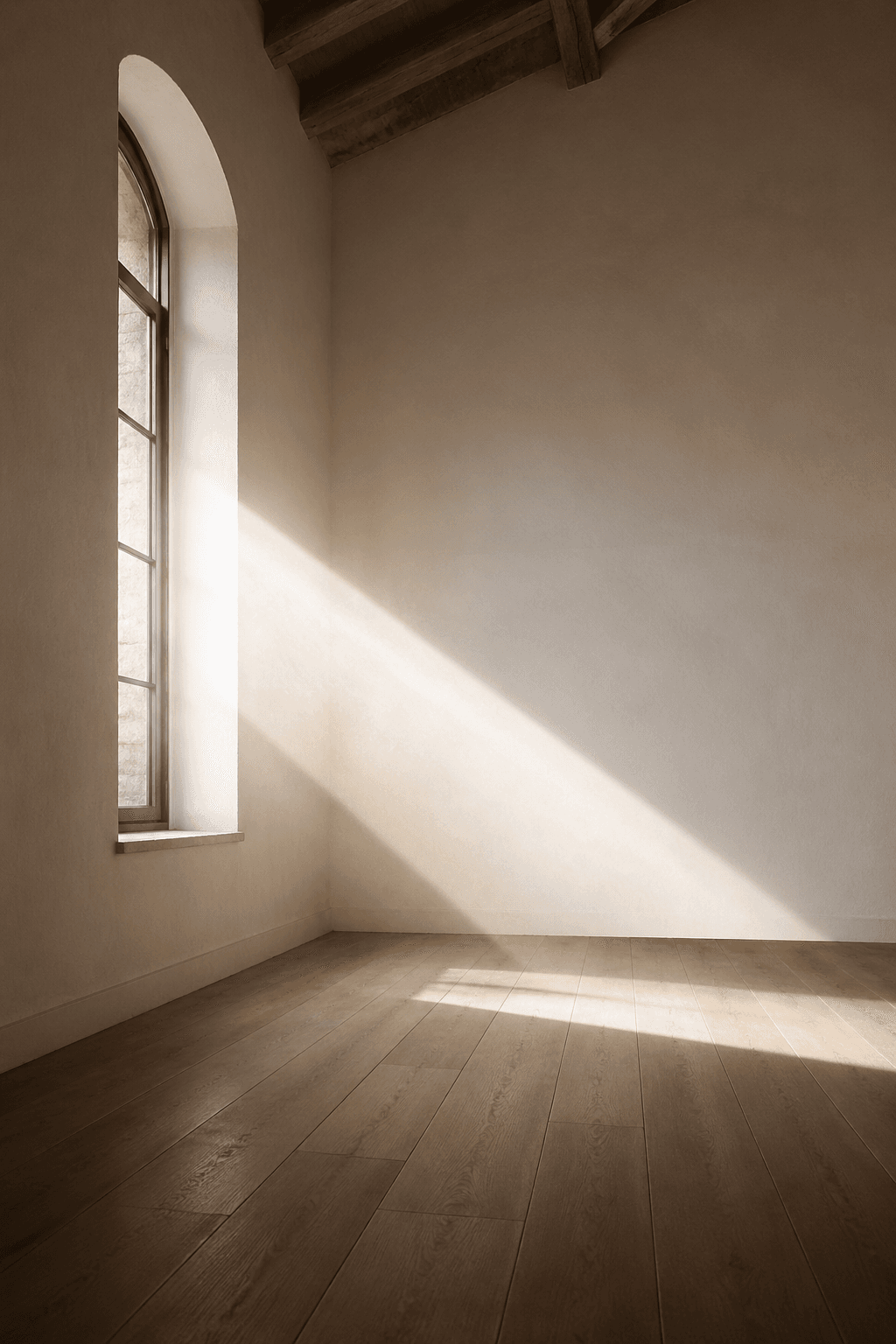 Natural light sliding across an oak floor